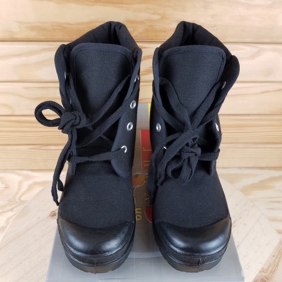 Black Canvas Combat Military Biker Moto Ankle Boots Lace up 7.5M Block Heel NEW - Picture 3 of 10